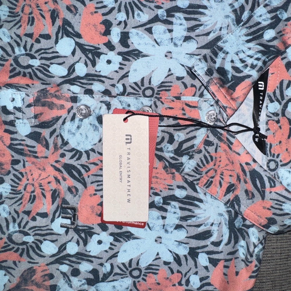 Travis Mathew Coral and Blue Floral Shirt